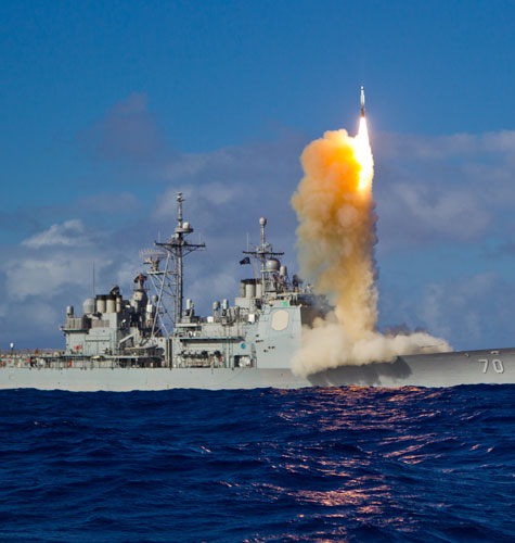 USS Lake Erie equipped with Aegis missile defense system launches an interceptor during a May 2013 test