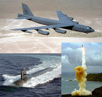 The Nuclear Triad B52 bomber minuteman III ICBM on land and Trident II SLBMs on a submarine