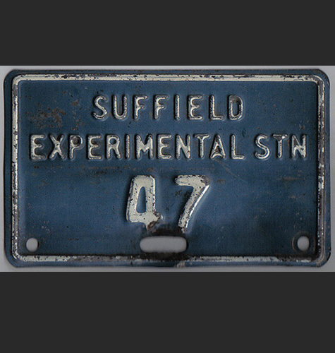 A license plate from the Suffield Research Facility